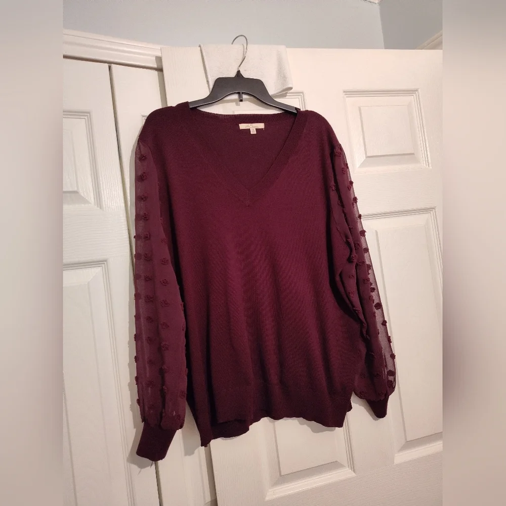 La Serin Wine Sheer Dot Sleeve V-Neck Sweater 2X Plus Size NWOT Holiday Top - Picture 1 of 3